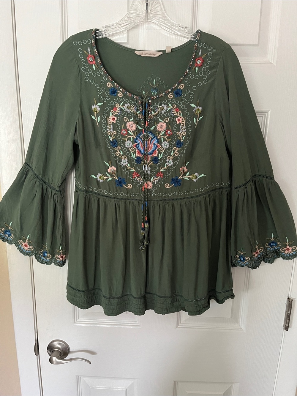 Soft Surroundings embroidered peasant top bell ruffle sleeve tassels sage XS